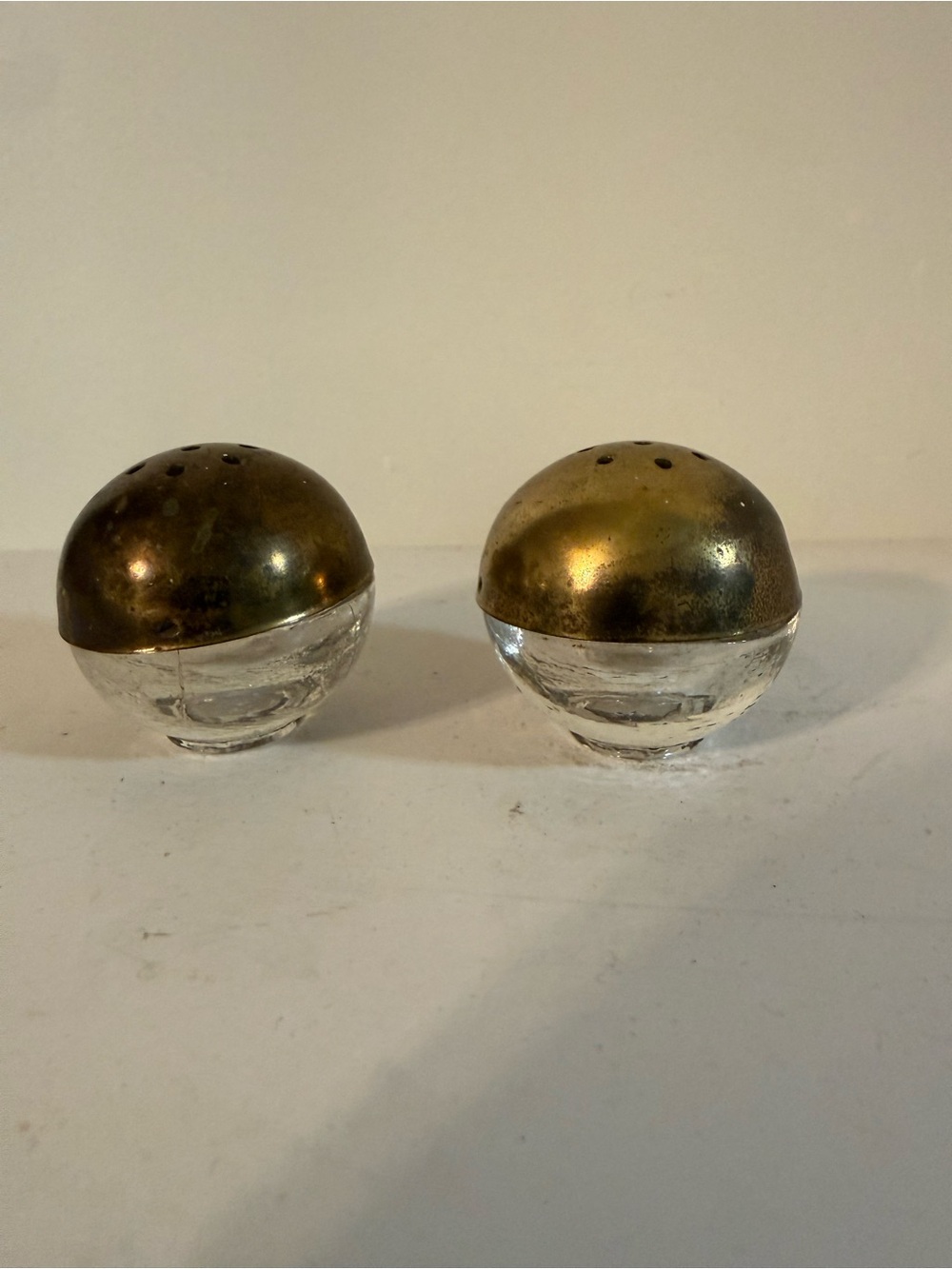 Small Glass and Brass Salt & Pepper Shakers 1.5 inches all around